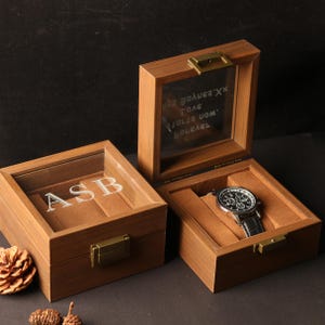 Watch Box w/ Glass Top & Pillow- Wood Watch Gift Box，Wedding Day Groom Gift, Reverse Proposal Box，Anniversary  Honeymoon Gift, Gift for Him