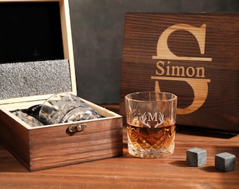 Personalised whiskey glass Set with Wooden Box, Whiskey Stone Box, Gifts for Male Whiskey Lovers, Boyfriend Gift, Whiskey Gifts for Him Dad