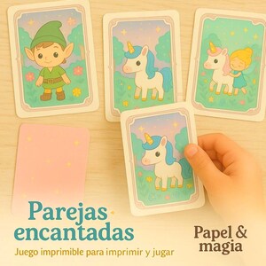 Parejas encantadas - Juego imprimible para emparejar criaturas mágicas (36 cartas + caja + instrucciones)