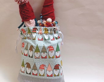 Adorable Gnomes Print, Knitting Project Bag Medium or Large Drawstring or Zippered, Notions Pouch