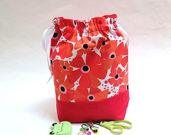 Cheerful Red Poppies print, Finnish style, Knitting Project Bag Drawstring or Zipper Bag with Matching Notions Pouch, Red Pink