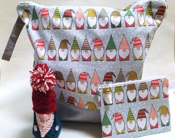 Adorable Gnomes Print, Knitting Project Bag Medium or Large Drawstring or Zippered, Notions Pouch