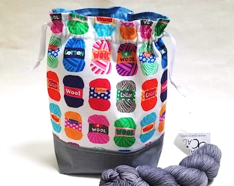 Yarn Balls Fabric Project Bag: Knitting, Crochet, Drawstring or Zippered