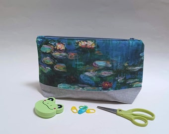 Monet Water Lilies Zipper Pouch: Linen or Cork Base. Notions, Cosmetics, Medications, and more.