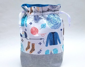 Knitwear motifs Fabric - Yarn, Socks, Sweater. Knitting Project Bag, Medium or Large size, Drawstring or Zippered, Notions Pouch.