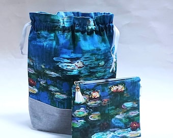 Monet Water Lilies Print Fabric, Knitting Project Bag, Medium or Large, Drawstring or Zipper Bag, Notions Pouch, Impressionist Mothers Day