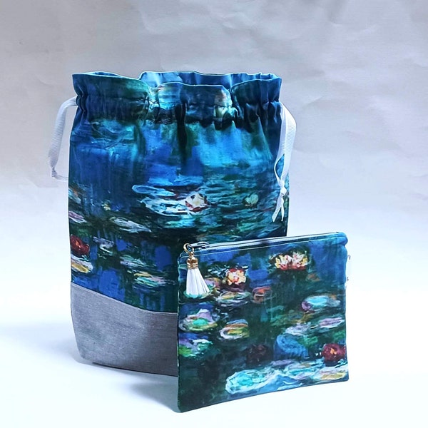 Monet waterlelies print stof, breien projecttas, medium of groot, tas met trekkoord of rits, begrippenzakje, impressionistische moederdag