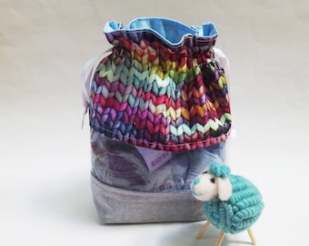 Knitted Print fabric, Stockinette, Knitting Project Bag, Clear Window, Zipper or Drawstring Bag, Knitters gift idea