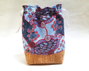 Australian Aboriginal Print fabric, Cork trim, Knitting Notions Pouch, Zipper Bag.