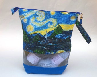 Van Gogh Starry Night Print fabric, Knitting Project Bag, Medium or Large Zipper Bag, Gift Idea, optional clear window.