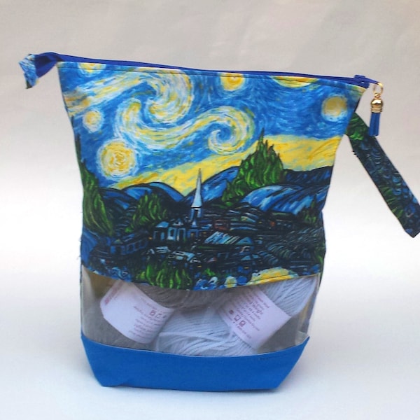 Van Gogh Starry Night Print fabric, Knitting Project Bag, Medium or Large Zipper Bag, Wedge bag, Gift Idea, optional clear window.