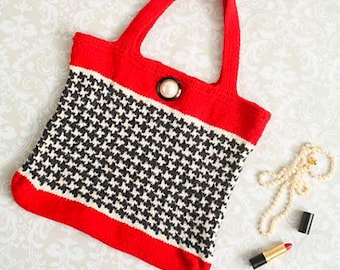 Hand-Knitted Tote Bag, Handbag, Black and White Houndstooth design, Fully Lined, Pockets