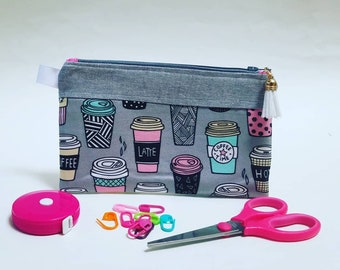 Coffee Cup Print Zipper Pouch: Knitting Notions, Cosmetics, Essential Oils