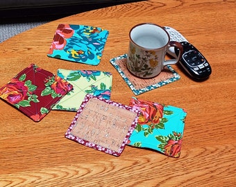 Set of 2 or 4 Coasters Cork Lined, Hostess Gift, Teacher Gift, Christmas Gift, Quilted Coasters, Reversible, Mug Rug, Housewarming Gift