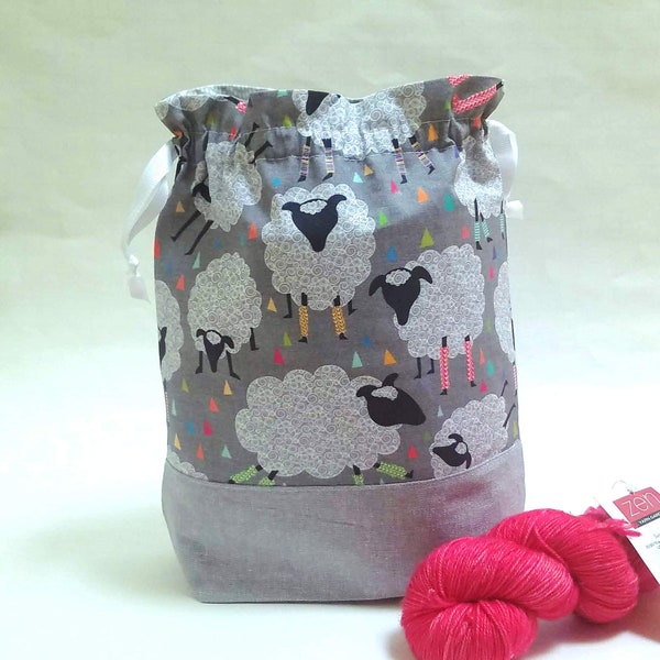 Adorable Sheep Print Fabric, Knitting Project Bag, Notions Pouch, Zipper Closure, Gift Idea