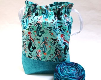 Merry Mermaids Bag; Knitting Project Bag, Drawstring or Zipper, Medium or Large size, Notions Pouch