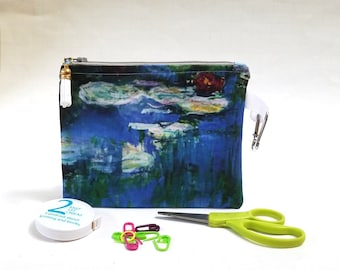Monet Water Lilies Print Fabric, Knitting Zipper Bag, Notions Pouch, Cosmetics, Coin Purse, Essential Oils, Impressionist, Stocking Stuffer