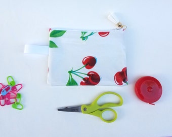 Knitting Notions Pouch Oilcloth Cherries Print; Cosmetics Case Bag Coin Purse Wallet Zipper, Perfect for Essential Oils, Gift Idea