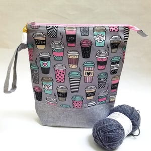 Coffee Cups motifs print Drawstring or Zippered Knitting Project Bag, Notions Pouch, Wedge Bag, Coffee Lover, Gift Idea