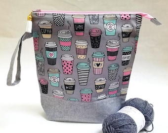 Coffee Cups motifs print Drawstring or Zippered Knitting Project Bag, Notions Pouch, Wedge Bag, Coffee Lover, Gift Idea
