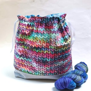 Tissu imprimé tricoté, jersey, sac pour projet de tricot, moyen ou grand, fenêtre transparente, sac à fermeture éclair ou à cordon, idée cadeau pour tricoteurs