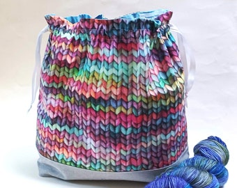 Knitted Print fabric, Stockinette, Knitting Project Bag, Medium or Large, Clear window, Zipper or Drawstring Bag, Knitters gift idea