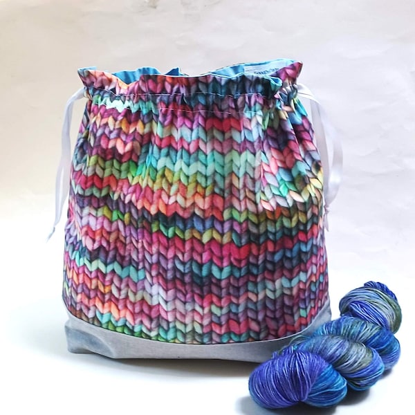 Knitted Print fabric, Stockinette, Knitting Project Bag, Medium or Large, Clear window, Zipper or Drawstring Bag, Knitters gift idea