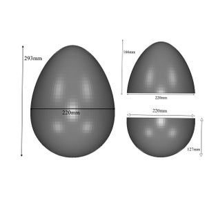 Könnte beinhalten: Ein graues eiförmiges Objekt, das als Ganzes und in zwei Hälften getrennt dargestellt ist. Das gesamte Objekt ist 293mm hoch und 220mm breit. Die obere Hälfte ist 166mm hoch, die untere Hälfte 127mm, beide haben einen Durchmesser von 220mm.
