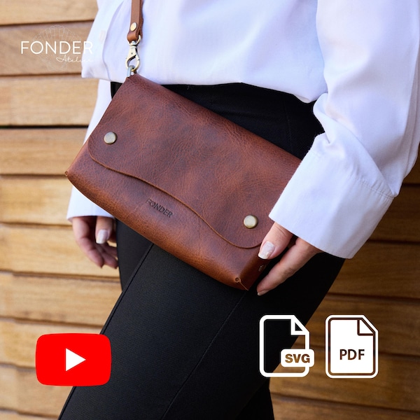 Patrón minimalista para bolso bandolera de cuero – Bolso de mano estilo origami (PDF, SVG, videotutorial)