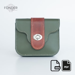 May include: An olive green leather pouch with a brown leather strap and silver clasp. The pouch has white stitching around the edges. The word "FONDER Atelier" is printed at the top. SVG and PDF icons are in the bottom right corner.