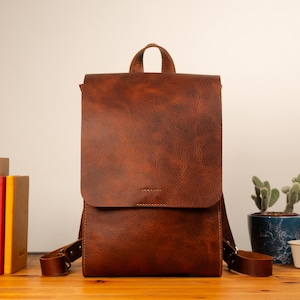 May include: A brown leather backpack with a flap closure and adjustable straps. The bag has a top handle and is sitting on a wooden surface. A stack of books and a potted cactus are in the background.