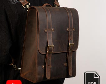 Leather Backpack PDF Pattern: Vintage Style Laptop Bag with Video Tutorial