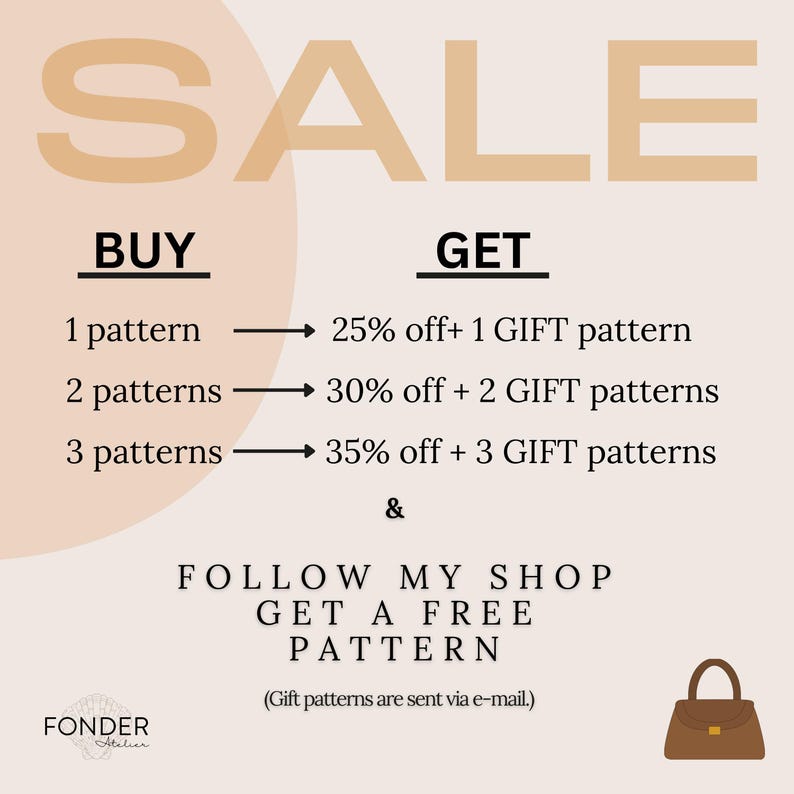 May include: Cream-colored promotional graphic with the word "SALE" in large, tan letters. Text details a pattern sale: buy 1 pattern, get 25% off and a gift pattern; buy 2 patterns, get 30% off and 2 gift patterns; buy 3 patterns, get 35% off and 3 gift patterns.