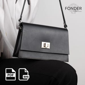 May include: A black leather crossbody bag with a silver clasp. The bag is rectangular with a flap closure. The brand name "FONDER Atelier" is visible. PDF and SVG icons are in the lower left corner. The bag has a shoulder strap.