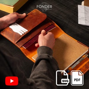 May include: A brown leather journal cover with multiple pockets and a notebook inside. The cover is open, revealing a passport and a notepad. The logo "FONDER atelier" is visible. The image also includes SVG and PDF icons.