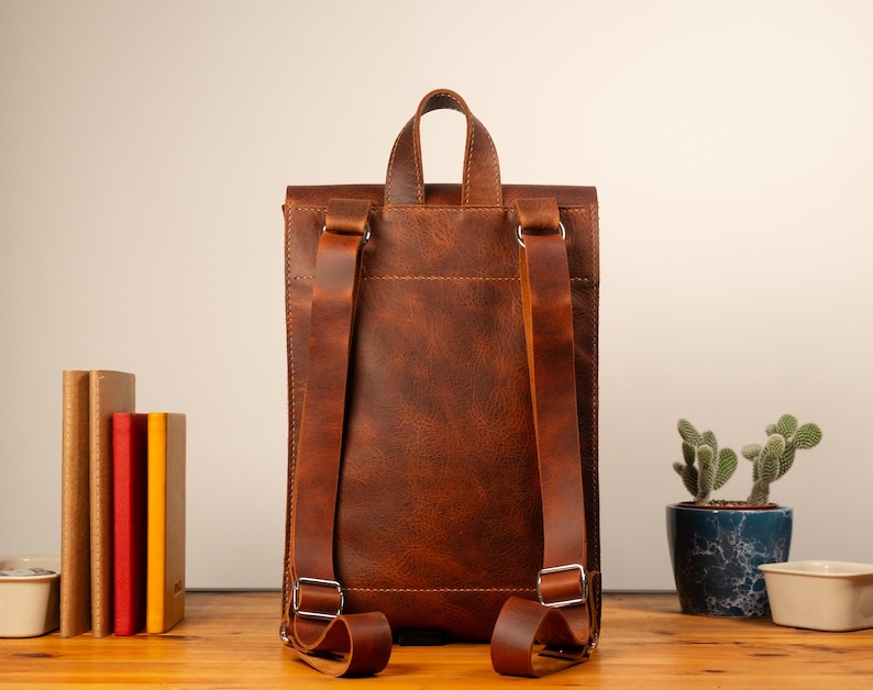 May include: A brown leather backpack with adjustable shoulder straps and a top handle. The bag has a rectangular shape with a flap closure and silver-colored metal hardware. Books and a potted cactus are visible in the background.
