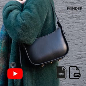 May include: A black leather shoulder bag with a curved design and gold studs. The bag has a long, thin strap. The text "FONDER Atelier" is visible. A YouTube play button and PDF/SVG icons are also present in the image.