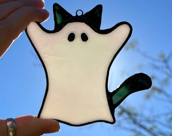 Gebrandschilderd glas Ghost Cat Sun Catcher Window hangend Halloween