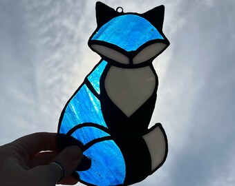 Stained Glass Fox in Blue Sun Catcher Window Hanging