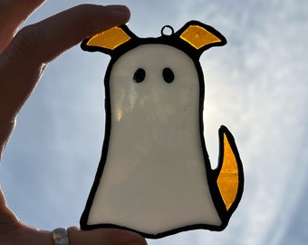 Stained Glass Ghost Dog Canine Mutt Sun Catcher Window Hanging Halloween