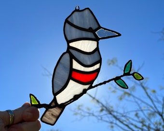 Stained Glass Belted Kingfisher Sun Catcher Window Hanging