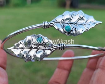 Turquoise Arm Cuff Bangle Upper Arm Cuff Bracelet Solid Silver Arm Band Adjustable Arm Cuff Arm Band Tribal Arm Cuff Bangle Leaf Arm Bangle.