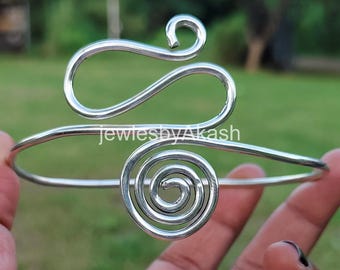 Spiral Arm Cuff Bangle, Upper Arm Cuff Bracelet, Solid Silver Arm Band, Adjustable Arm Cuff, Arm Band, Tribal Arm Cuff, Gift For Her.