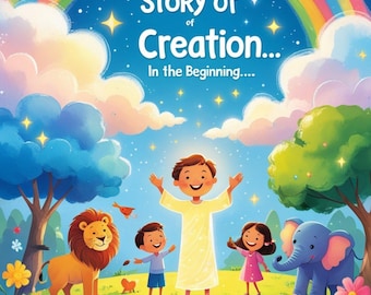 Könnte beinhalten: Ein farbenfrohes Kinderbuchcover mit dem Titel "The Story of Creation... In the Beginning...". Die Illustration zeigt eine lächelnde Sonne, einen Regenbogen und einen Mond. Dargestellt sind Kinder, Tiere und ein Fluss.