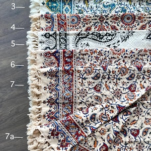 Può includere: Una collezione di tessuti con motivi intricati e bordi sfrangiati. I disegni presentano motivi floreali e paisley in una palette di rosso, blu e crema. I tessuti sono disposti fianco a fianco, mostrando la varietà di motivi.