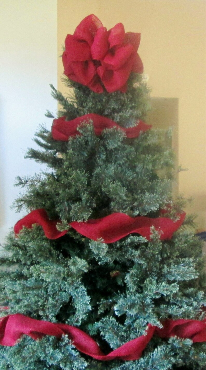 Red Burlap Christmas Tree Topper Bow Large Red Burlap Bow Etsy