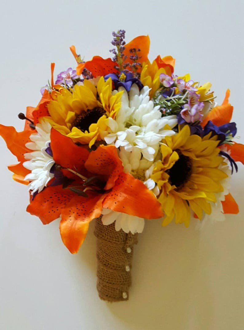 Gerbera Daisy Bouquet Sunflower and Tiger Lily Wedding Bouquet Fall Wedding Flowers Fall Bridal Bouquet Orange Lily Bridal Bouquet