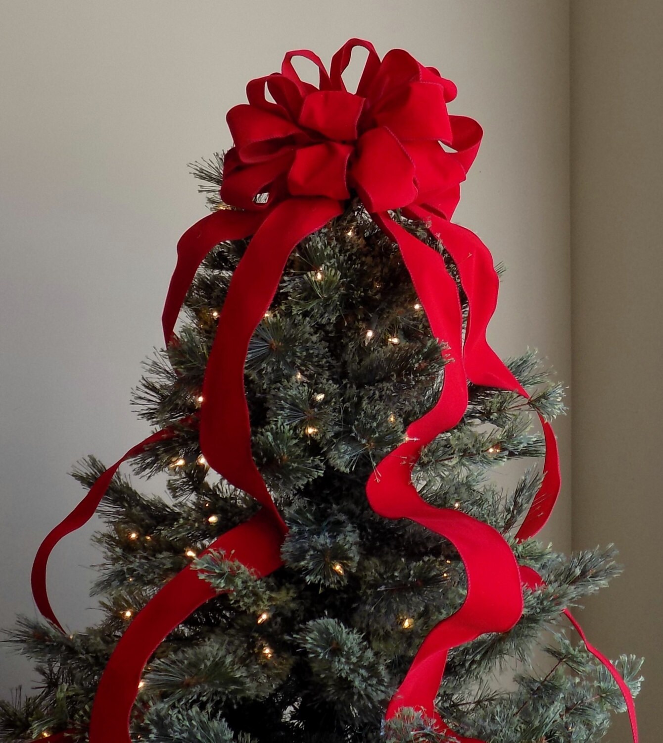 Red Velvet Christmas Tree Topper Bow With Long Streamers - Etsy
