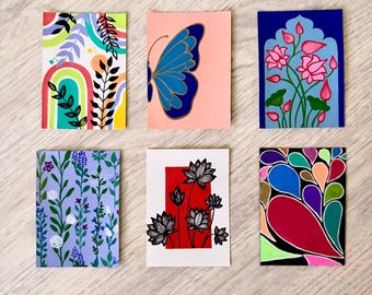 ACEO Original Hand Painted Abstract Acrylic Artwork (2.5x3.5) | Flowers, Leaves, Butterfly