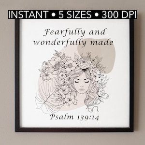 Fearfully and Wonderfully Made Psalm 139:14 – Christian Printable Wall Art | Bible Verse Scripture Print | Floral Line Art Digital Download